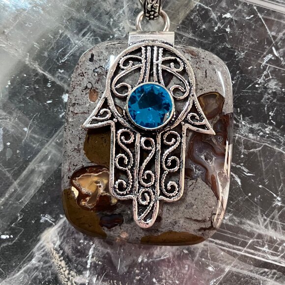 Coffee Bean Jasper And Blue Topaz Hamsa Hand Stone Crystal Jewelry Pendant - Picture 1 of 6